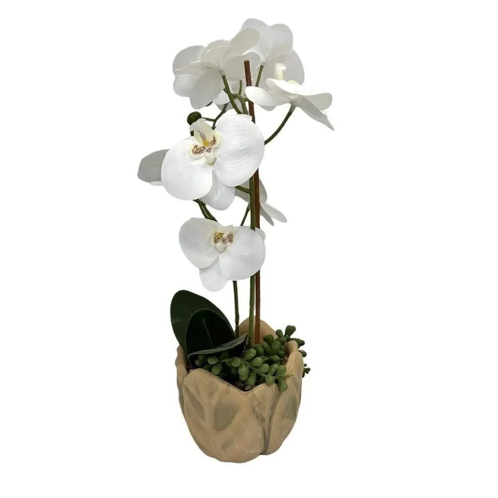 New Faux White 15 Inch Orchid In Ceramic Pot With Artificial Greenery